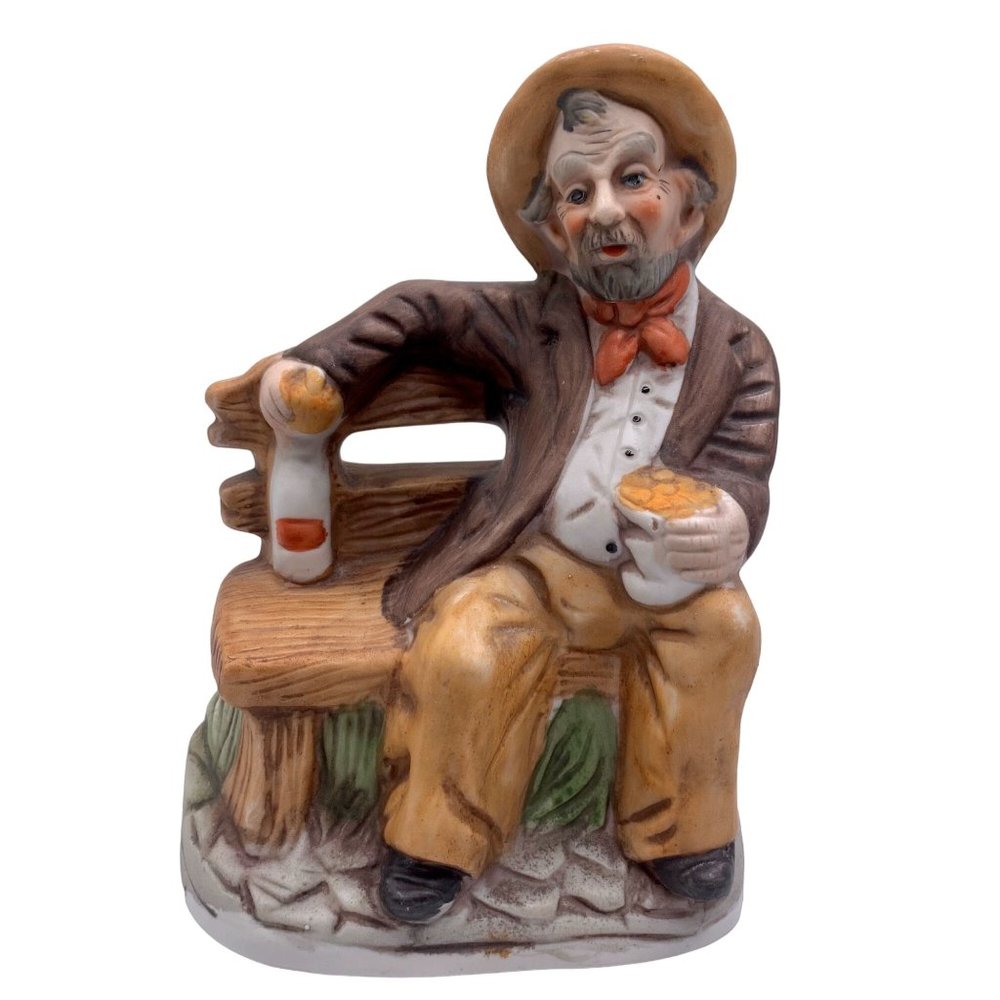 Vintage Hand-Painted Ceramic Figurine Of Man On Bench Holding Jug & Bowl